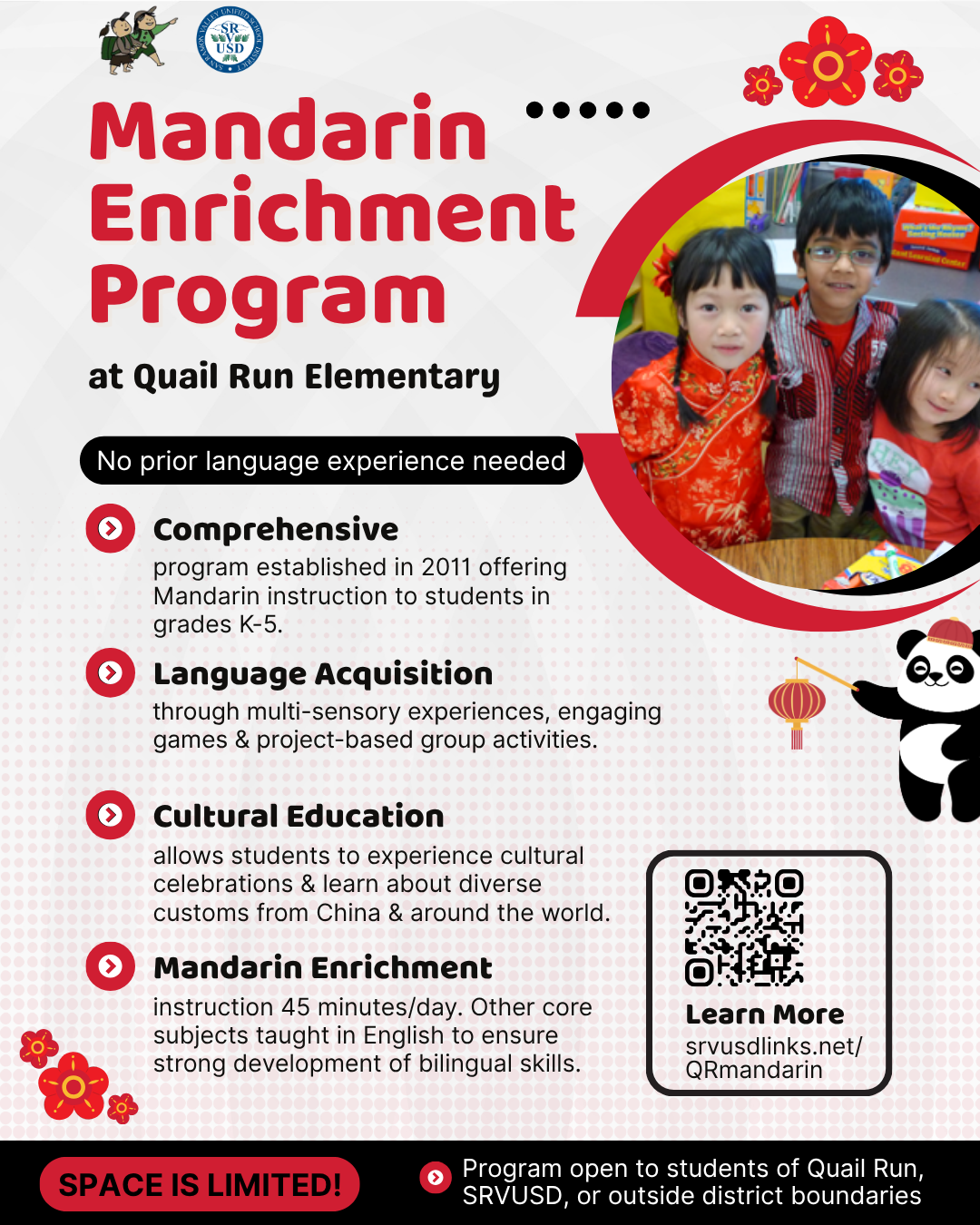 Publicity flyer for Quail Run Elementary Mandarin Prgram